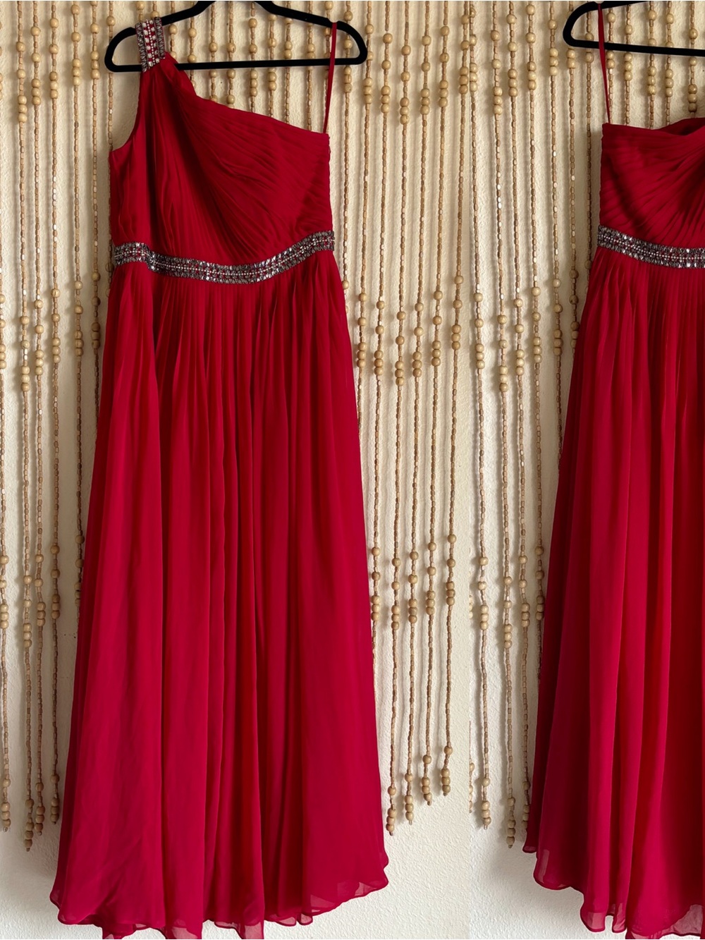 White House Black Market Vibrant Red Pleated Chiffon Silver Embellished Maxi